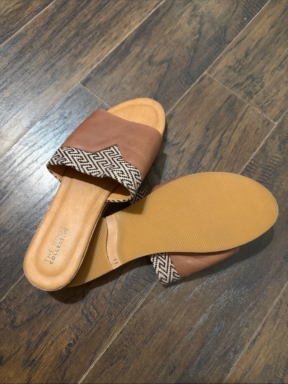 Women's Tan Slide Mules with Patterned Trim